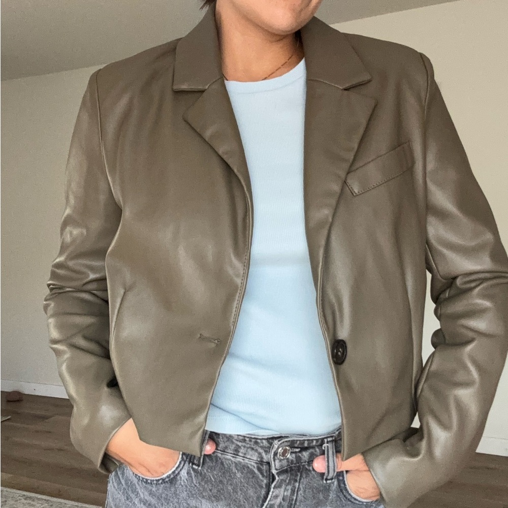 Avec Les Filles Olive Green Faux Leather Blazer Jacket